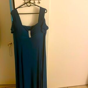 Teal. formal. Off the shoulder. Little cleavage action. Long gown left leg slit